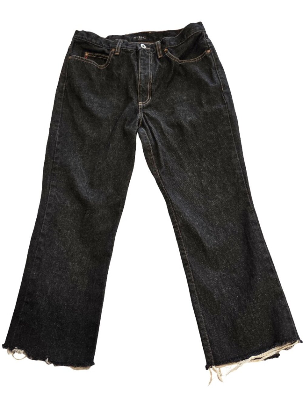 Vintage 90s Guess Jeans Womens 32 Black Wide Leg Denim Made USA Raw Hem Grunge